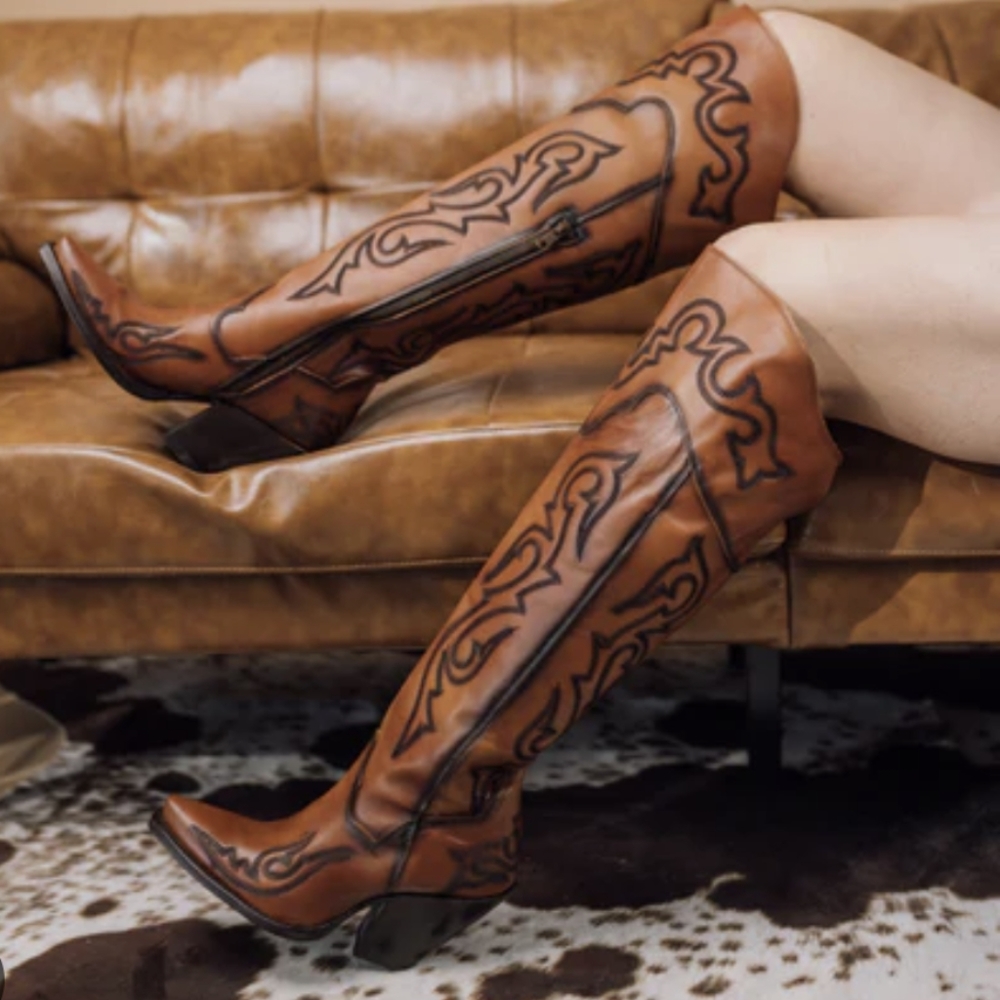DAN POST "Seductress" tall top tooled chestnut leather cowgirl boots snip toe 9
